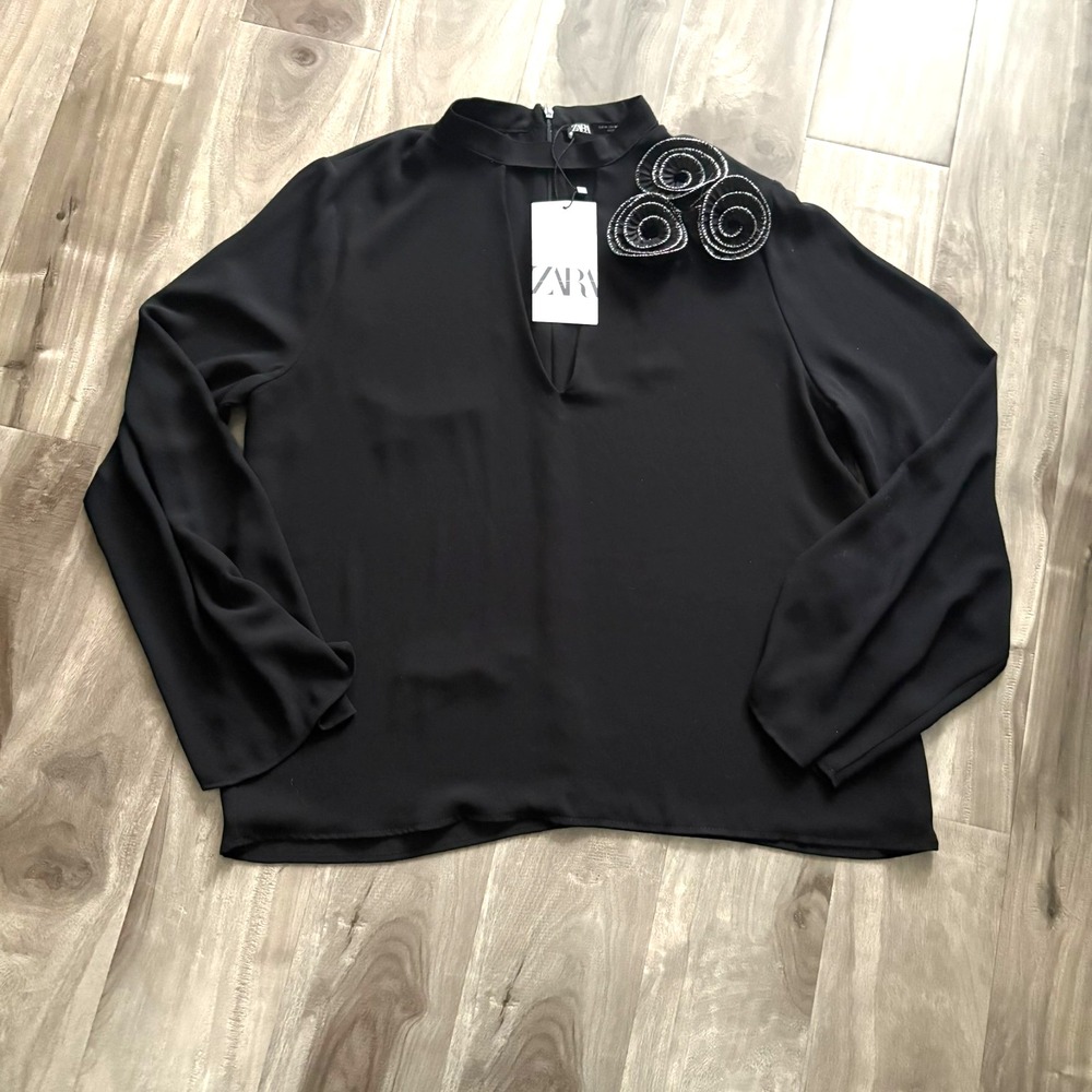 ZARA Black Cut-Out Blouse with Silver Trim Rosette Appliqué Size M NWT Authentic
